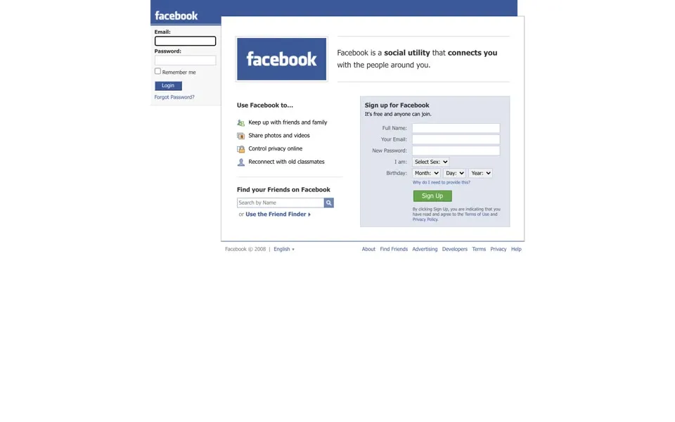 facebook.com homepage in 2008