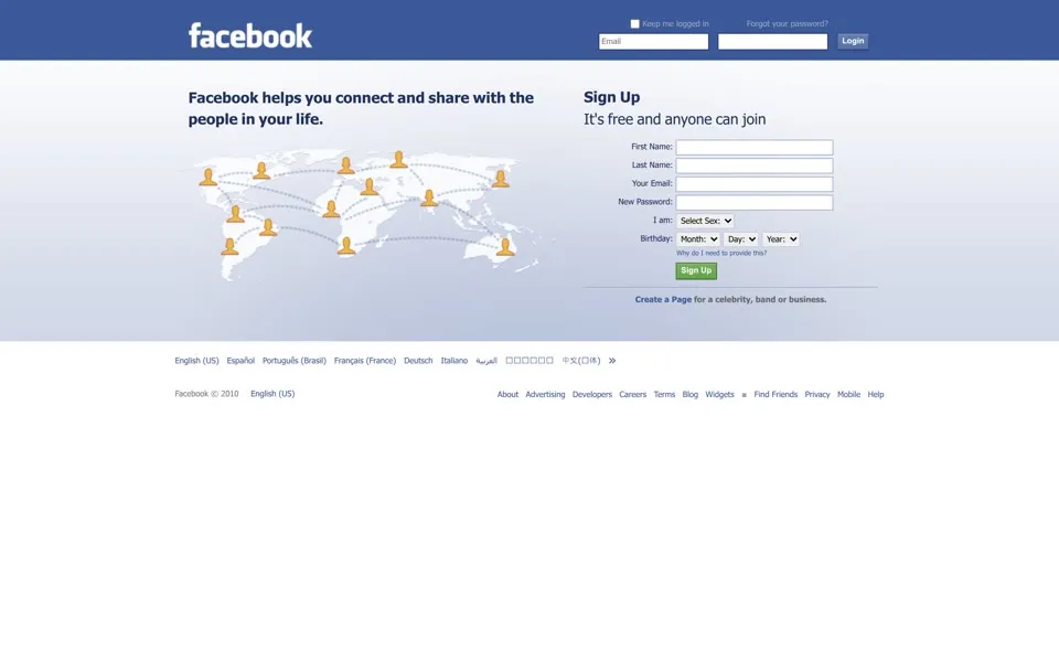 facebook.com homepage in 2010
