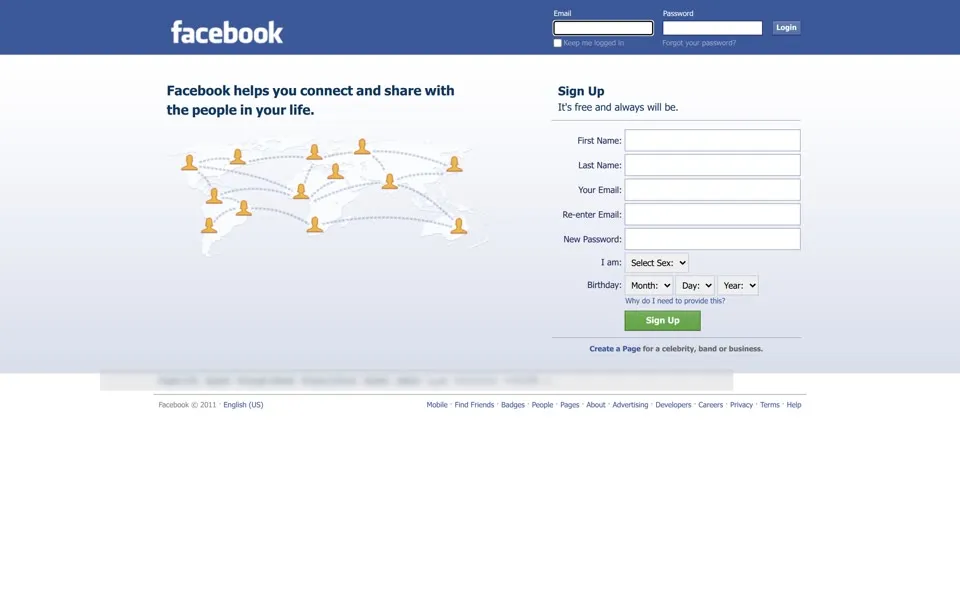 facebook.com homepage in 2011