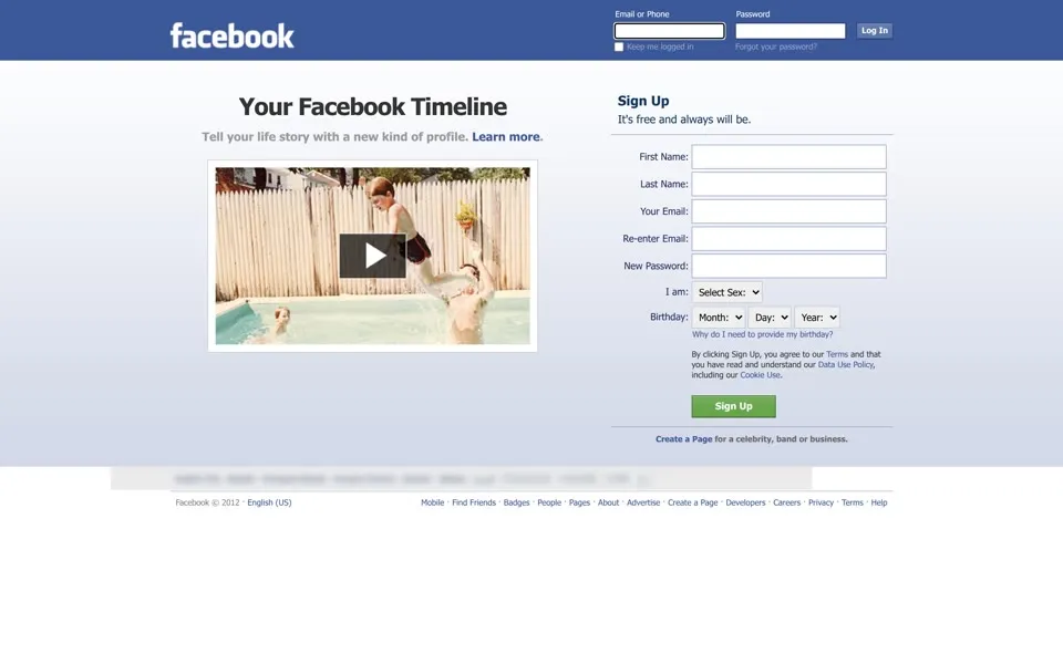 facebook.com homepage in 2012