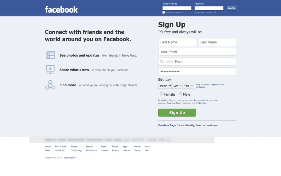 facebook.com homepage in 2014