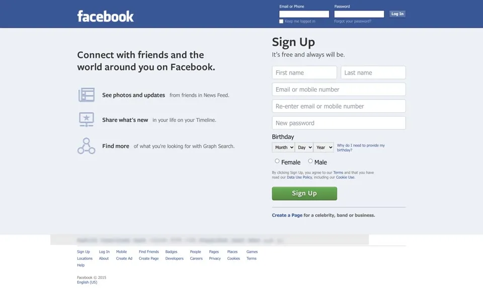 facebook.com homepage in 2015