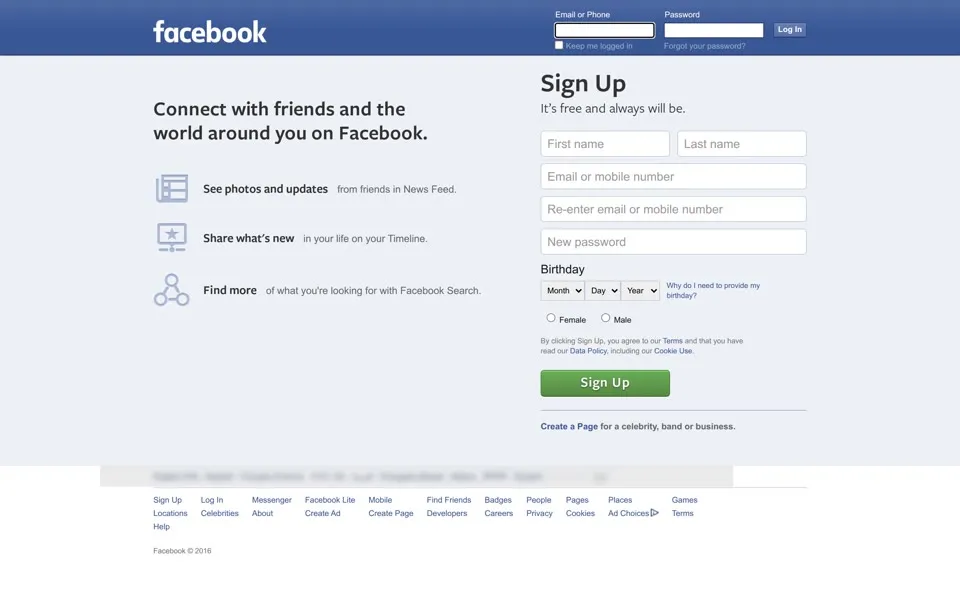 facebook.com homepage in 2016