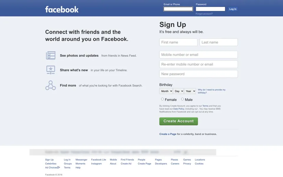 facebook.com homepage in 2017