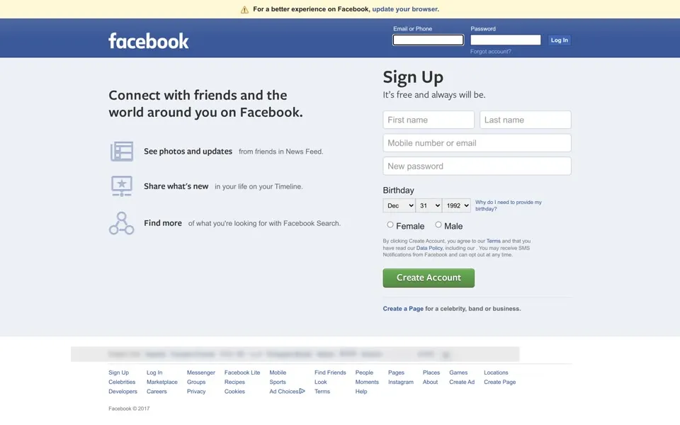 facebook.com homepage in 2018