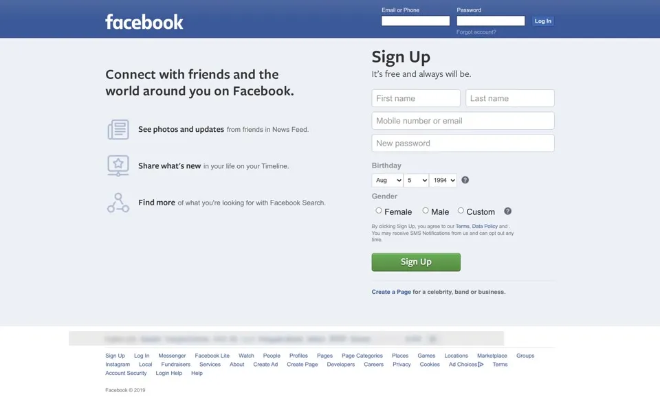 facebook.com homepage in 2019