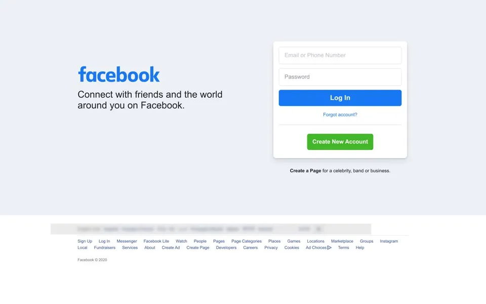 facebook.com homepage in 2020
