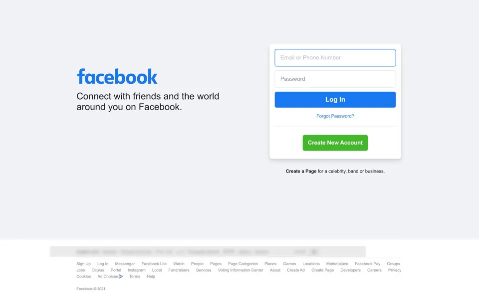facebook.com homepage in 2021