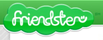 Friendster logo on the 2010 friendster.com homepage: Handwritten white wordmark on a green cloud