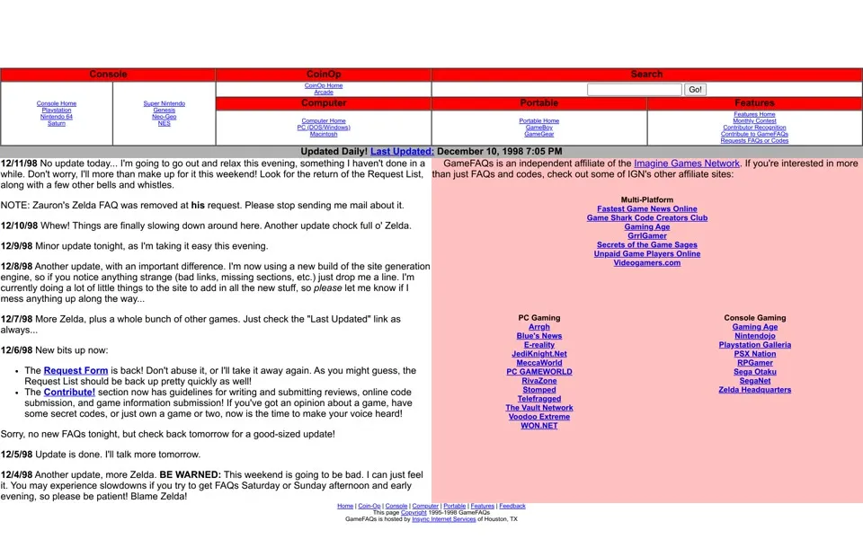 gamefaqs.com homepage in 1998