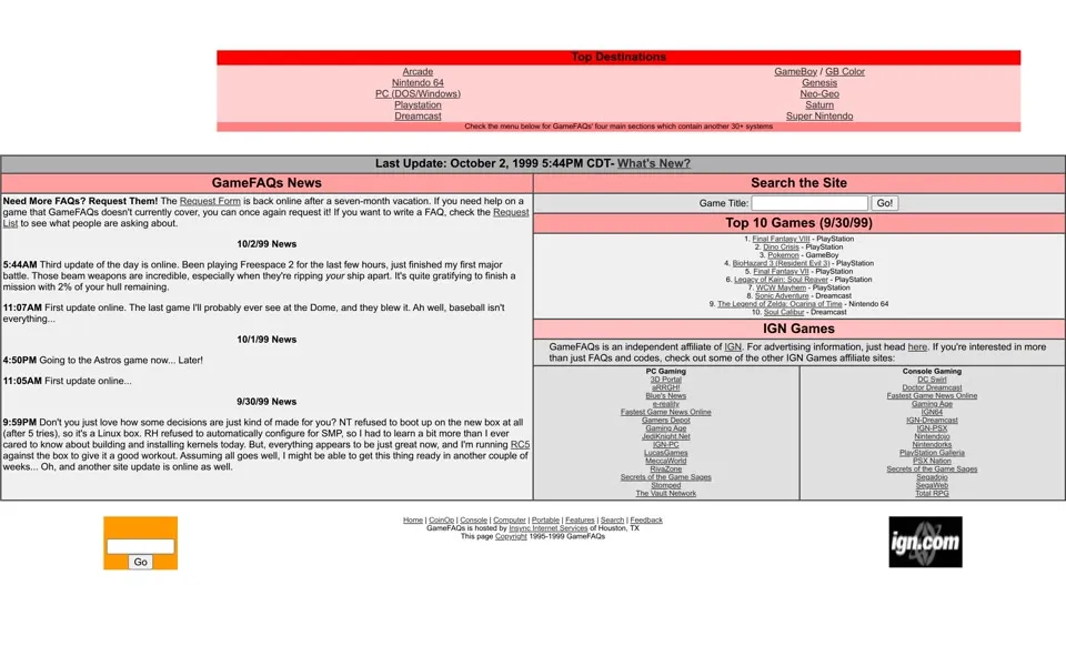 gamefaqs.com homepage in 1999