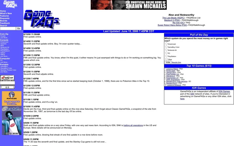 gamefaqs.com homepage in 2000