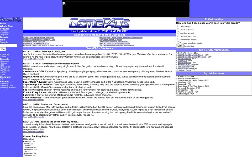 gamefaqs.com homepage in 2001