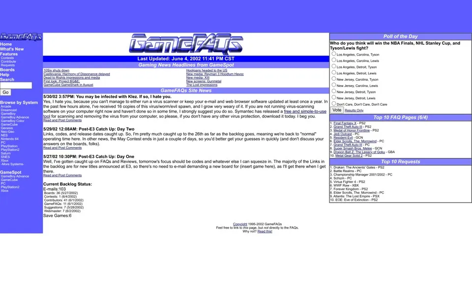 gamefaqs.com homepage in 2002