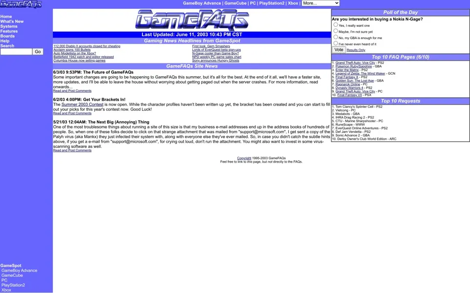 gamefaqs.com homepage in 2003