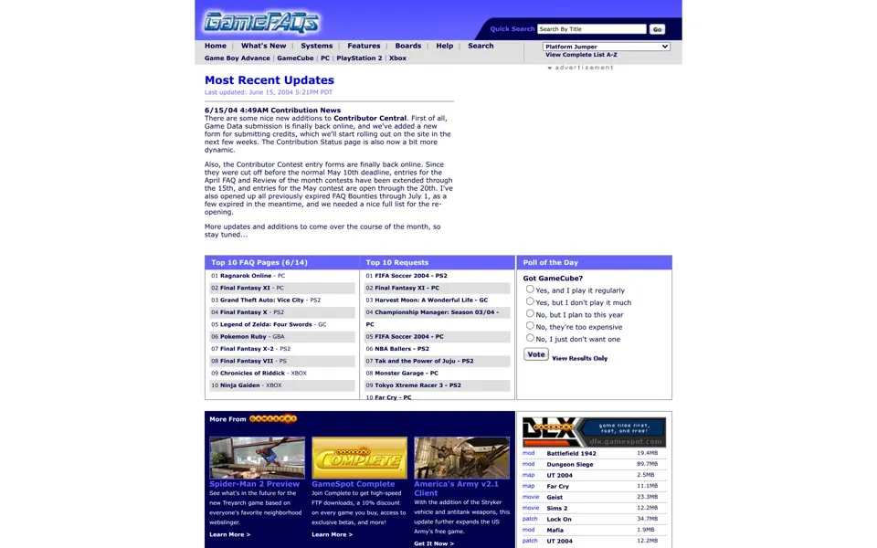 gamefaqs.com homepage in 2004