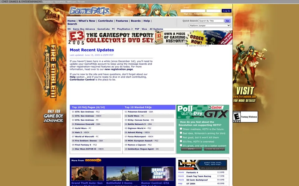 gamefaqs.com homepage in 2005