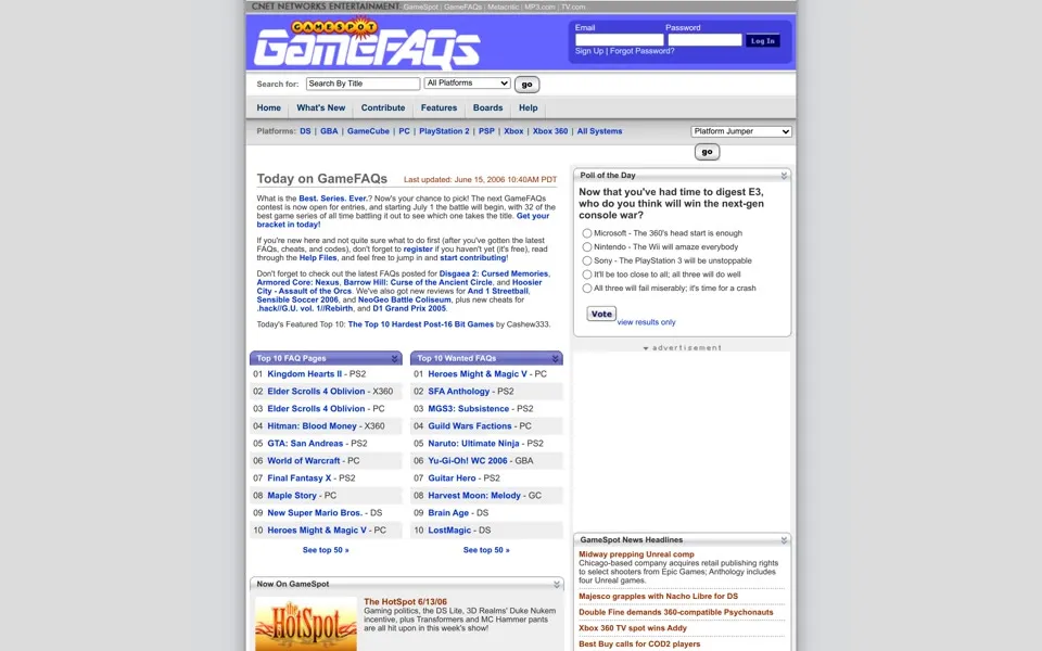 gamefaqs.com homepage in 2006
