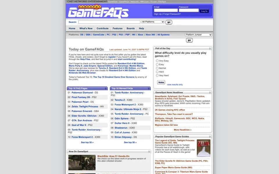 gamefaqs.com homepage in 2007