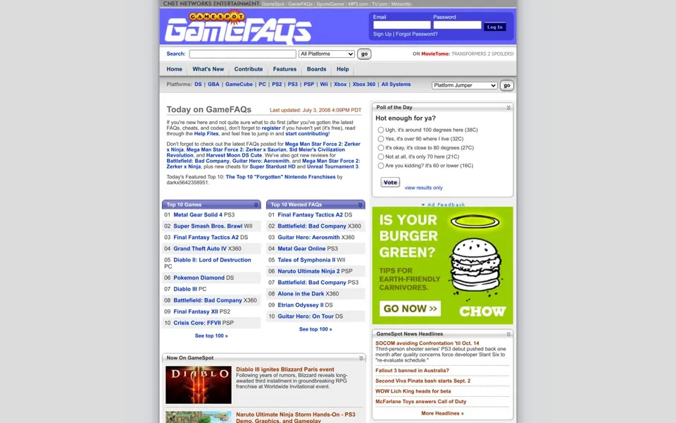 gamefaqs.com homepage in 2008