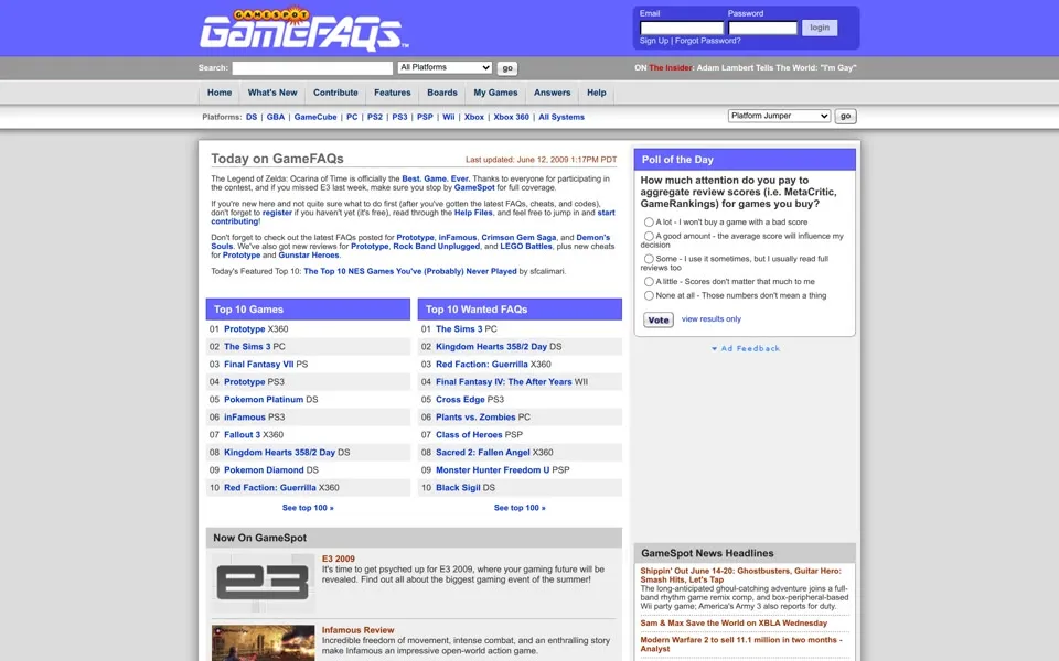 gamefaqs.com homepage in 2009