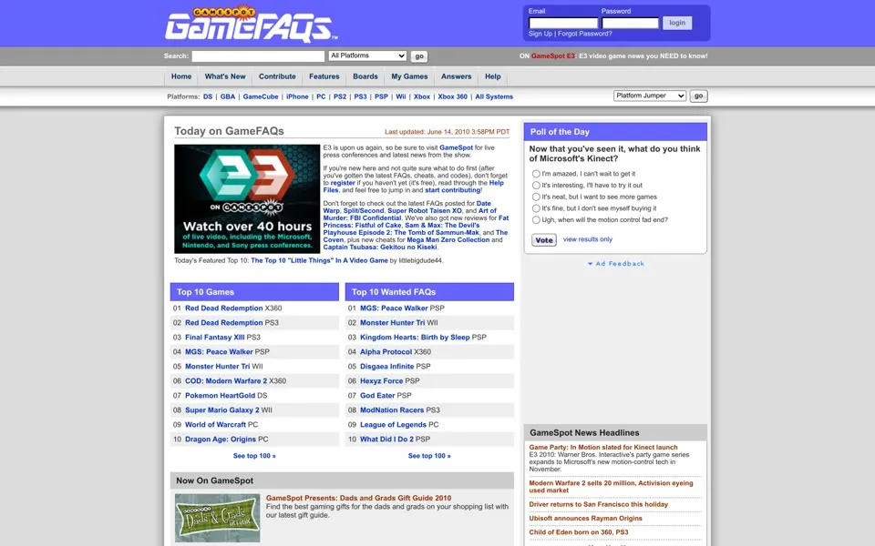 gamefaqs.com homepage in 2010