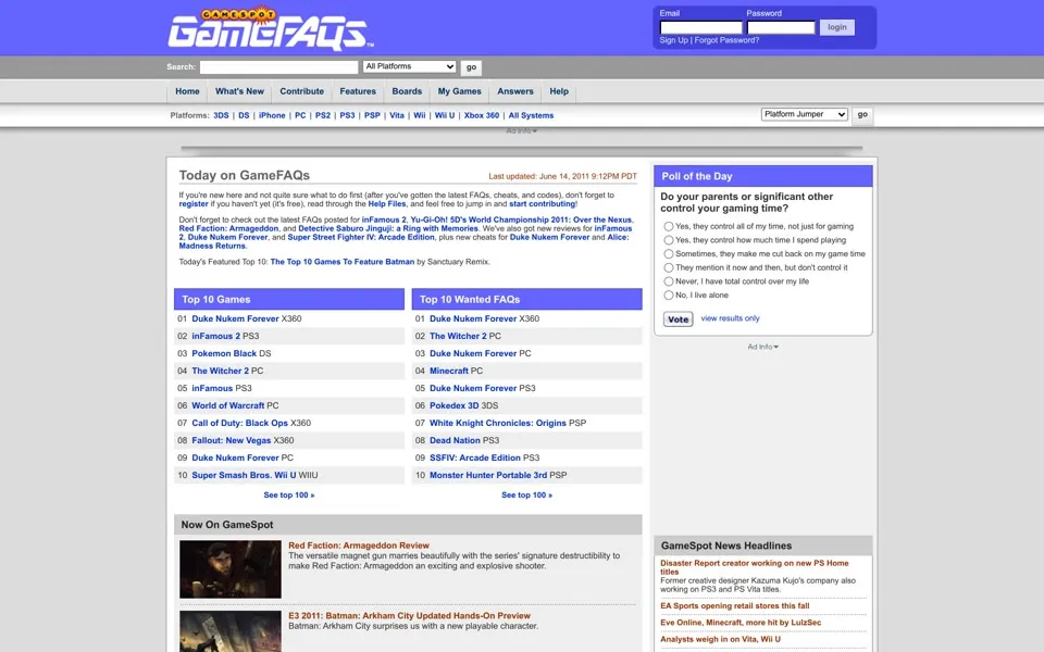 gamefaqs.com homepage in 2011