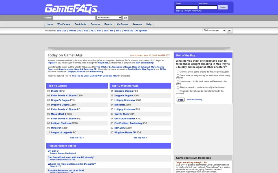 gamefaqs.com homepage in 2012