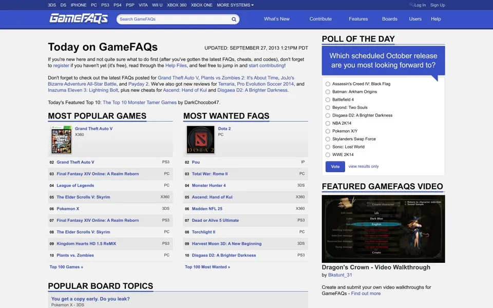 gamefaqs.com homepage in 2013
