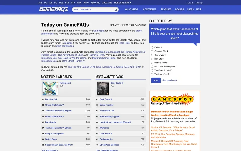 gamefaqs.com homepage in 2014