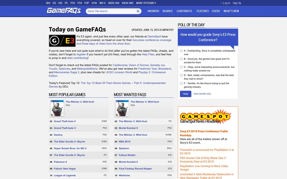gamefaqs.com homepage in 2015
