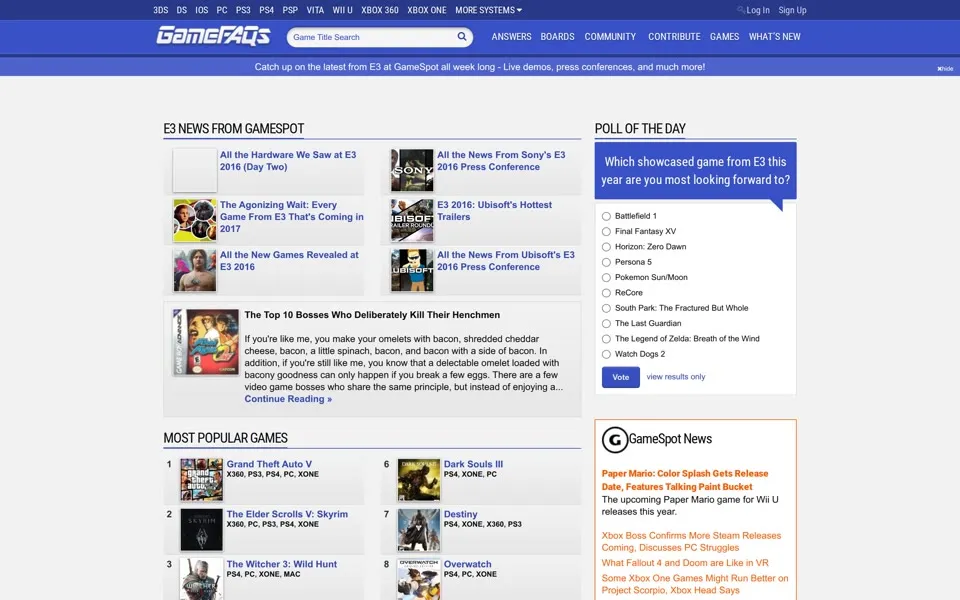 gamefaqs.com homepage in 2016