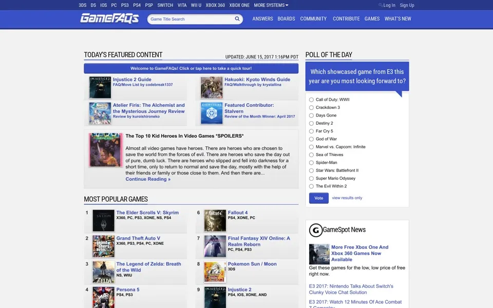 gamefaqs.com homepage in 2017