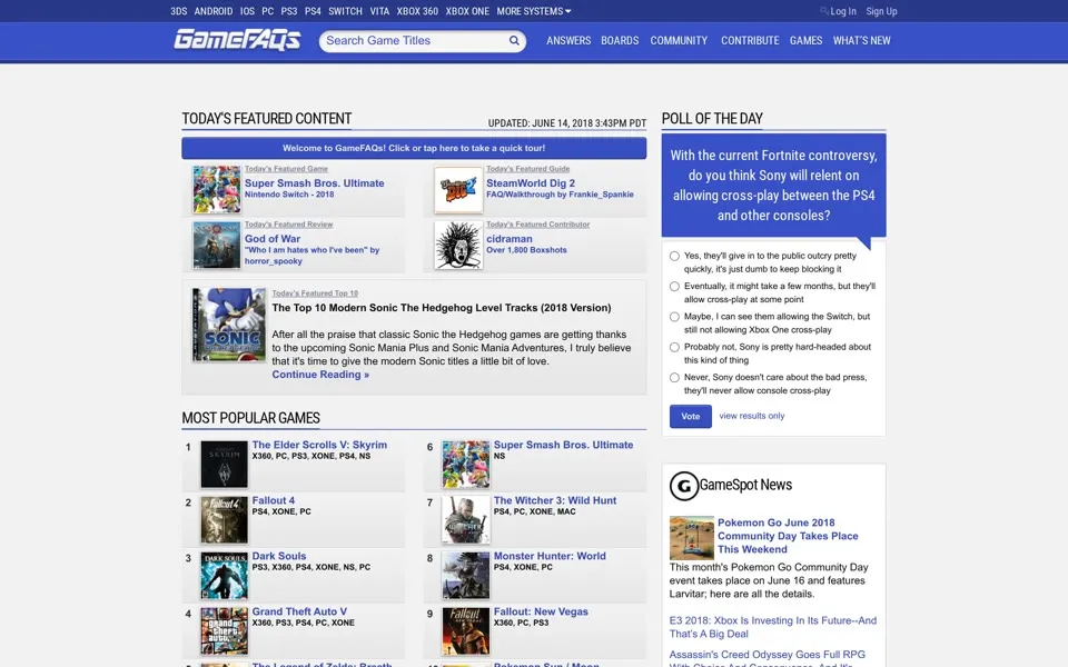gamefaqs.com homepage in 2018