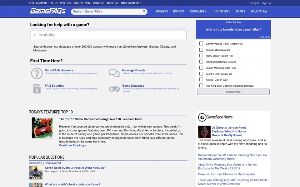 gamefaqs.com homepage in 2019