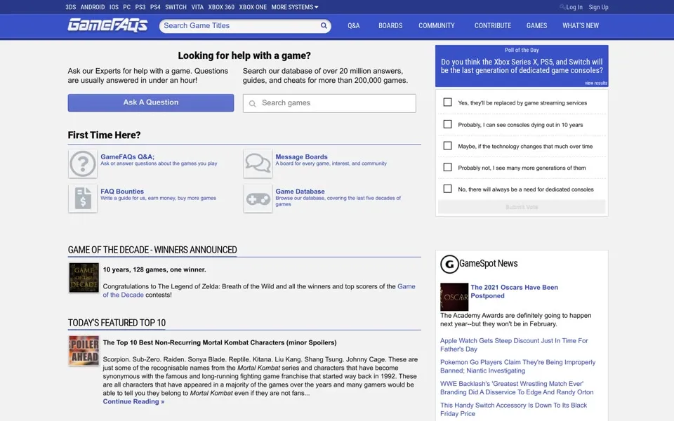 gamefaqs.com homepage in 2020