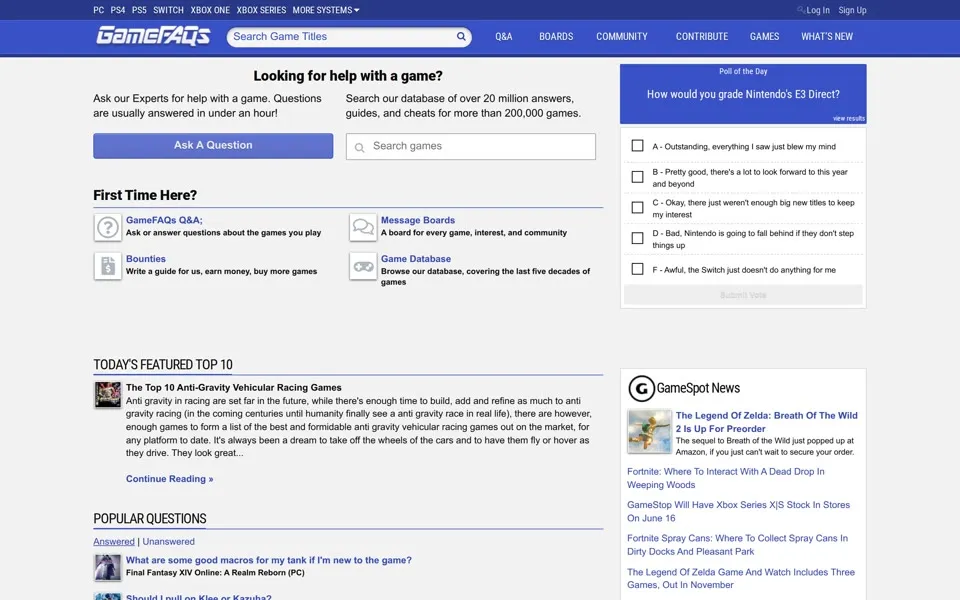 gamefaqs.com homepage in 2021