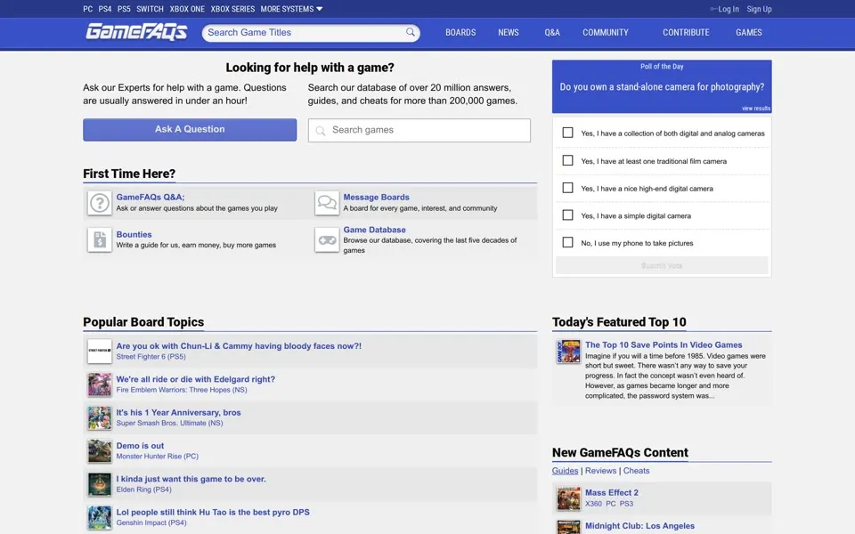 gamefaqs.com homepage in 2022