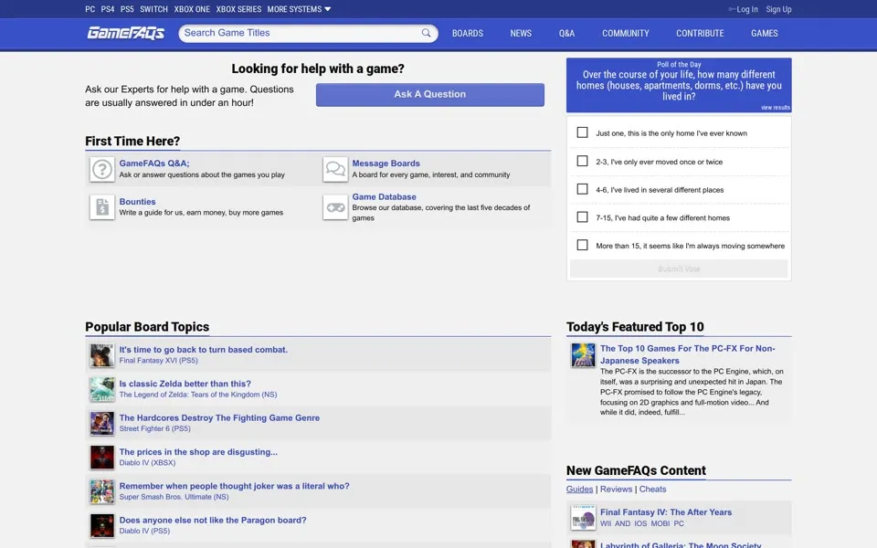 gamefaqs.com homepage in 2023