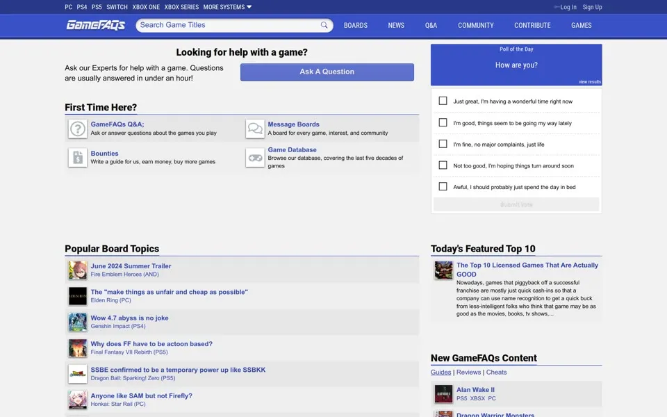 gamefaqs.com homepage in 2024