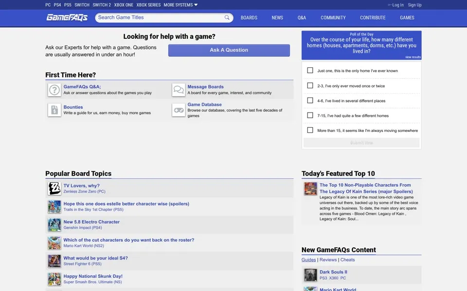 gamefaqs.com homepage in 2025