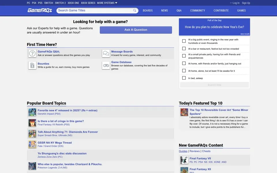 gamefaqs.com homepage in 2026