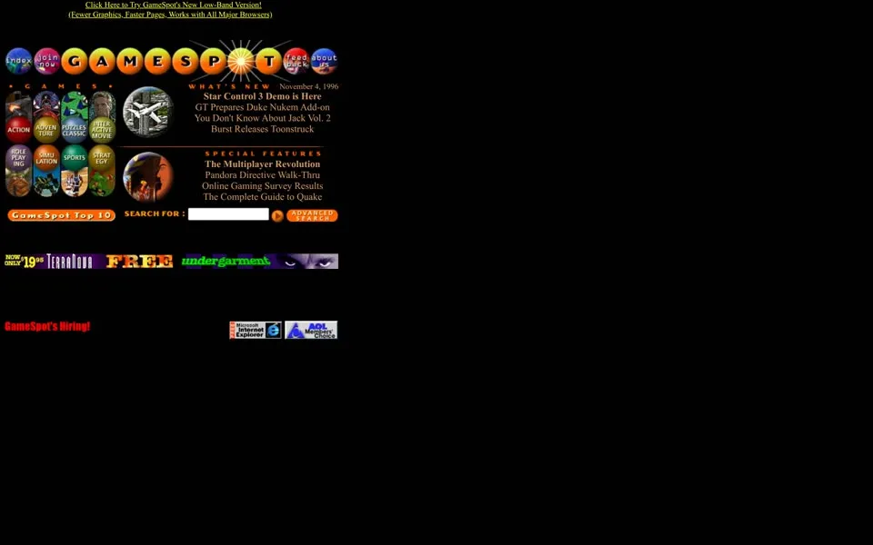 gamespot.com homepage in 1996