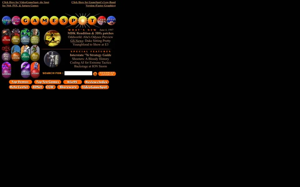 gamespot.com homepage in 1997