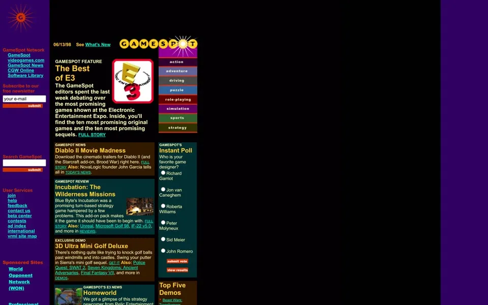 gamespot.com homepage in 1998