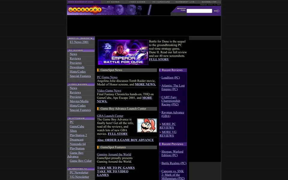 gamespot.com homepage in 2001