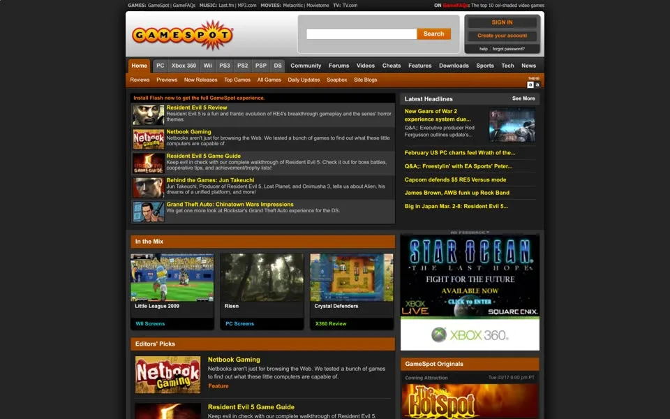 gamespot.com homepage in 2009