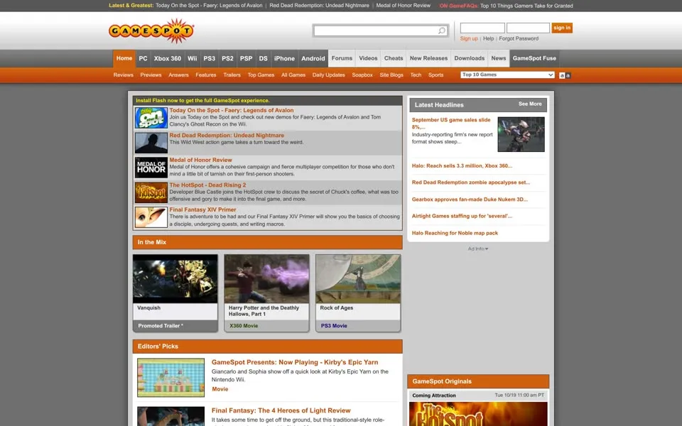 gamespot.com homepage in 2010