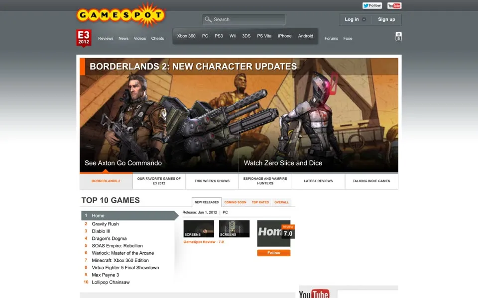gamespot.com homepage in 2012