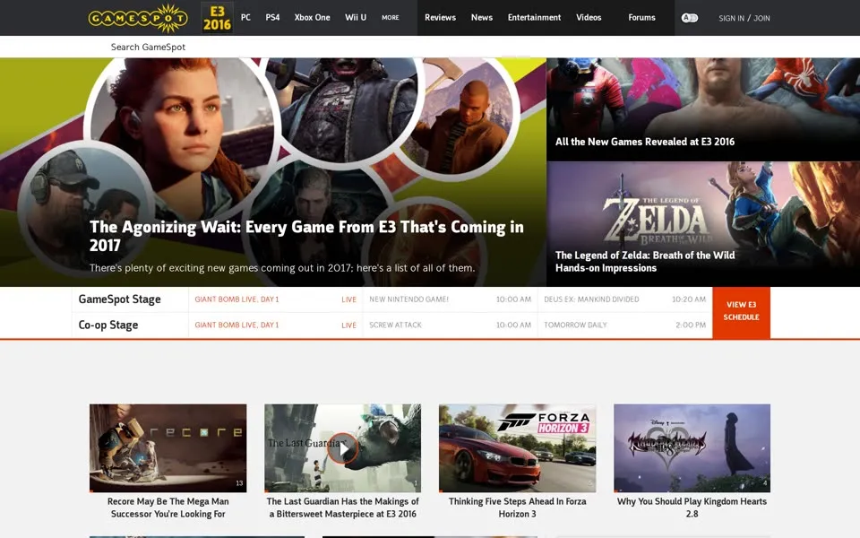 gamespot.com homepage in 2016